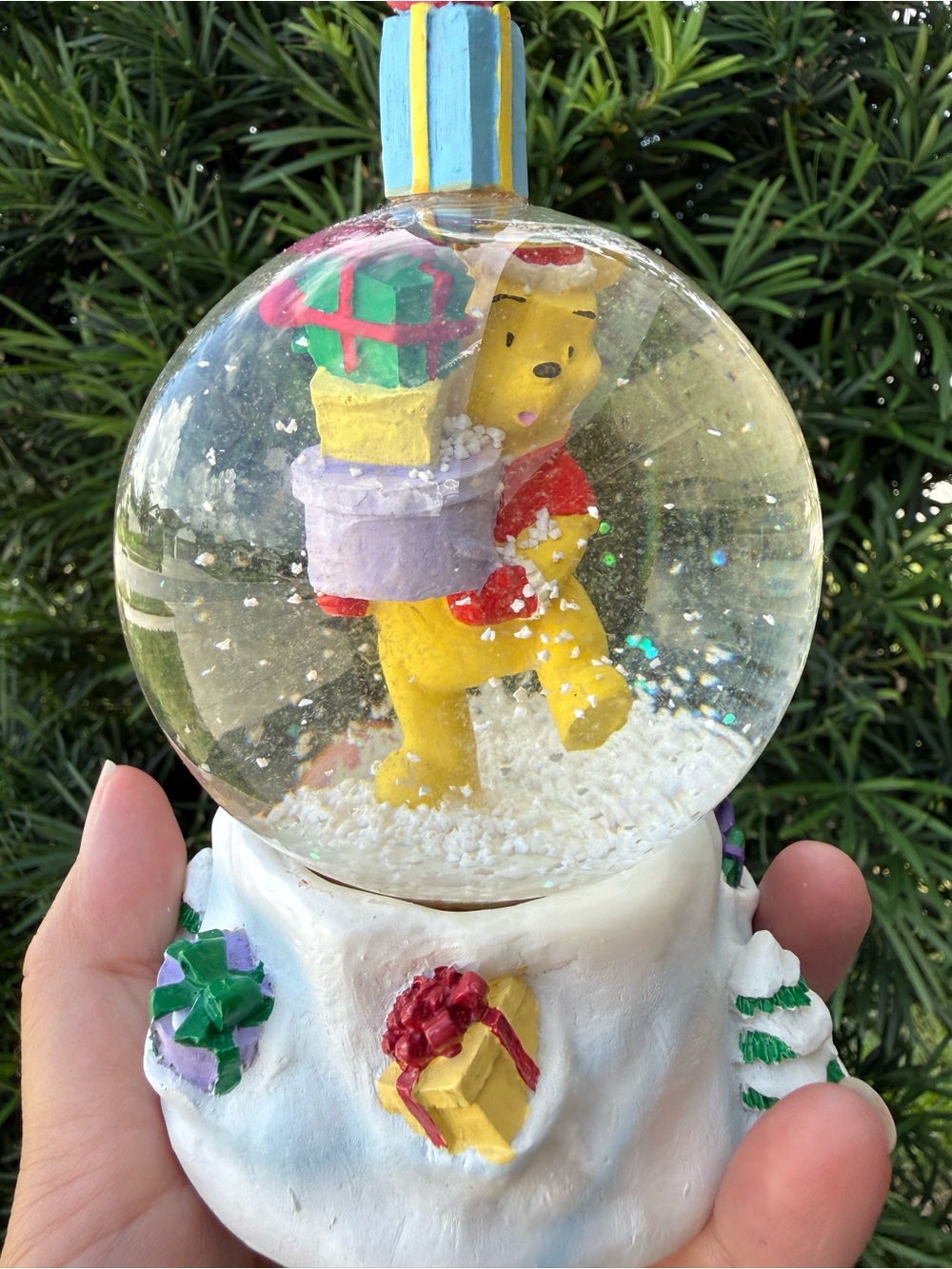 Disney Yellow Winnie the Pooh Holiday Snow Globe with Red & Green Accents
